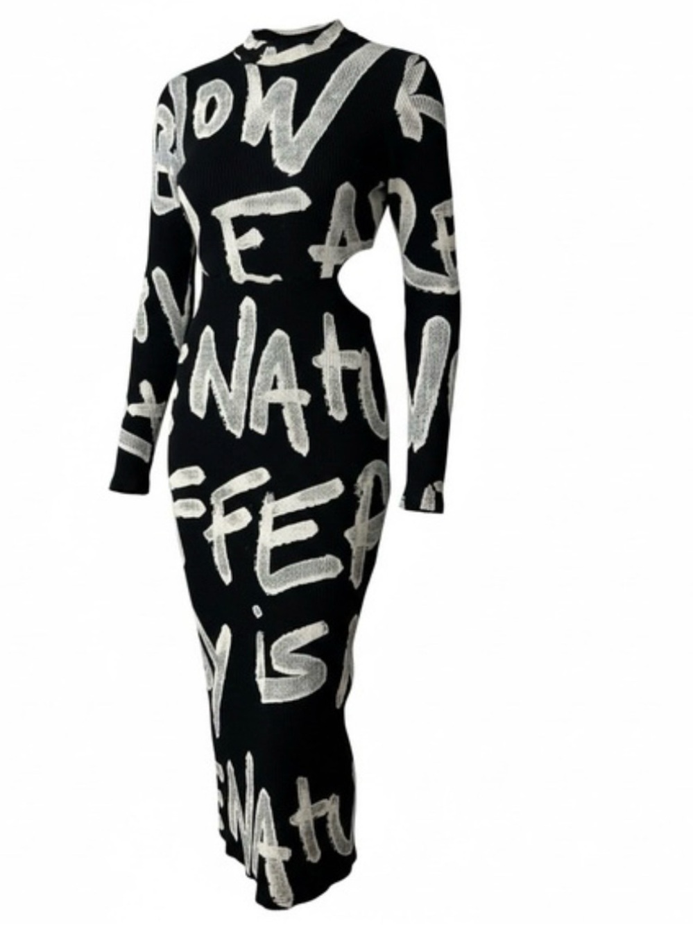 Desigual Manifesto Maya Dress Black & White Graffiti-Print Long Sleeve Bodycon